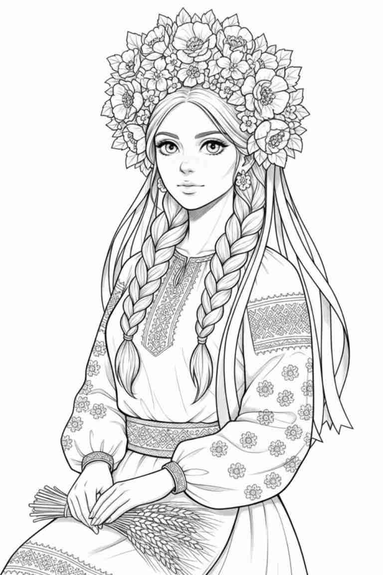 Ukrainian flower crown coloring page