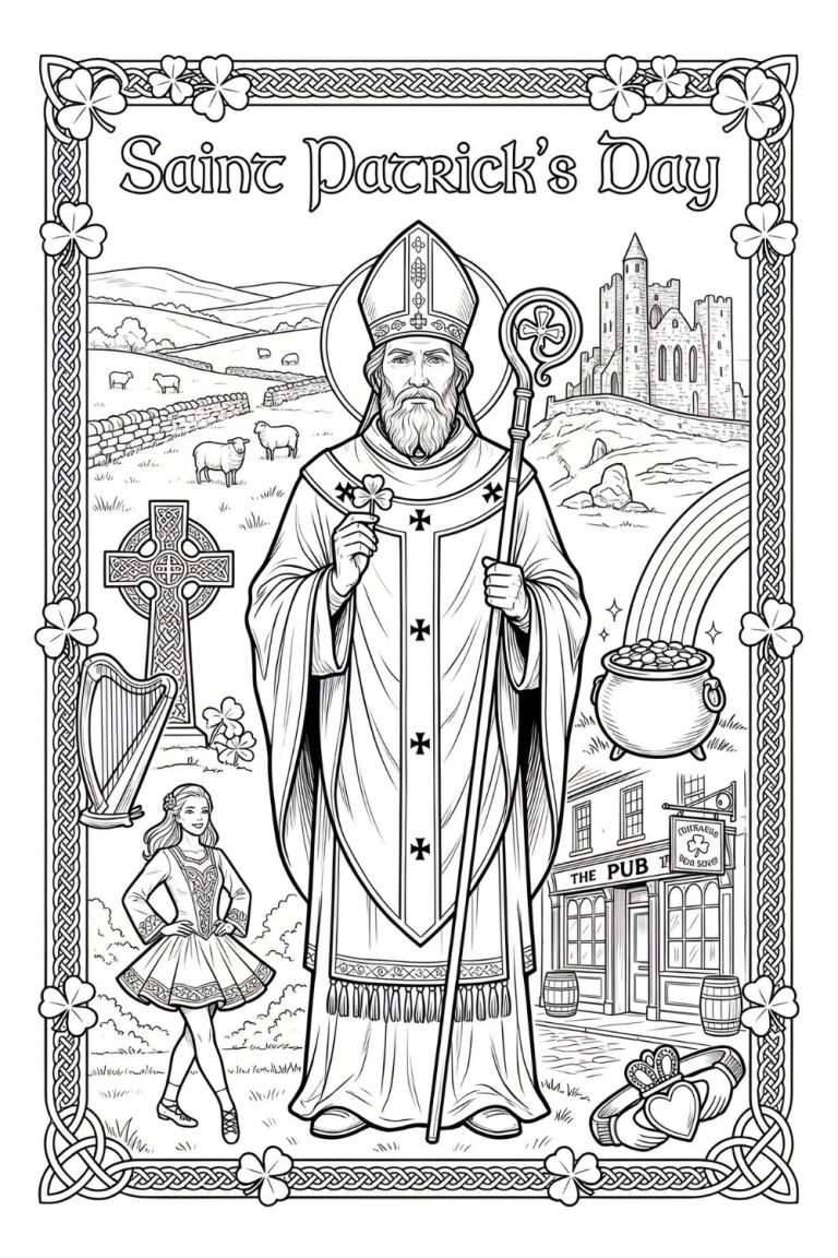Colouring Page featuring Saint Patrick and Irish Themes