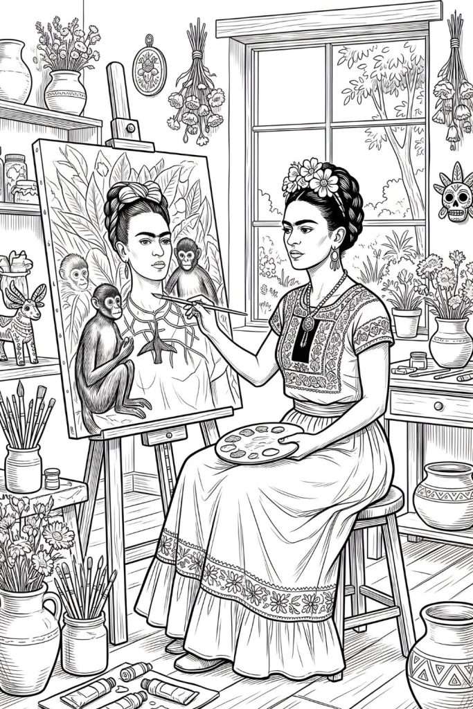 Artist Frida Kahlo painting