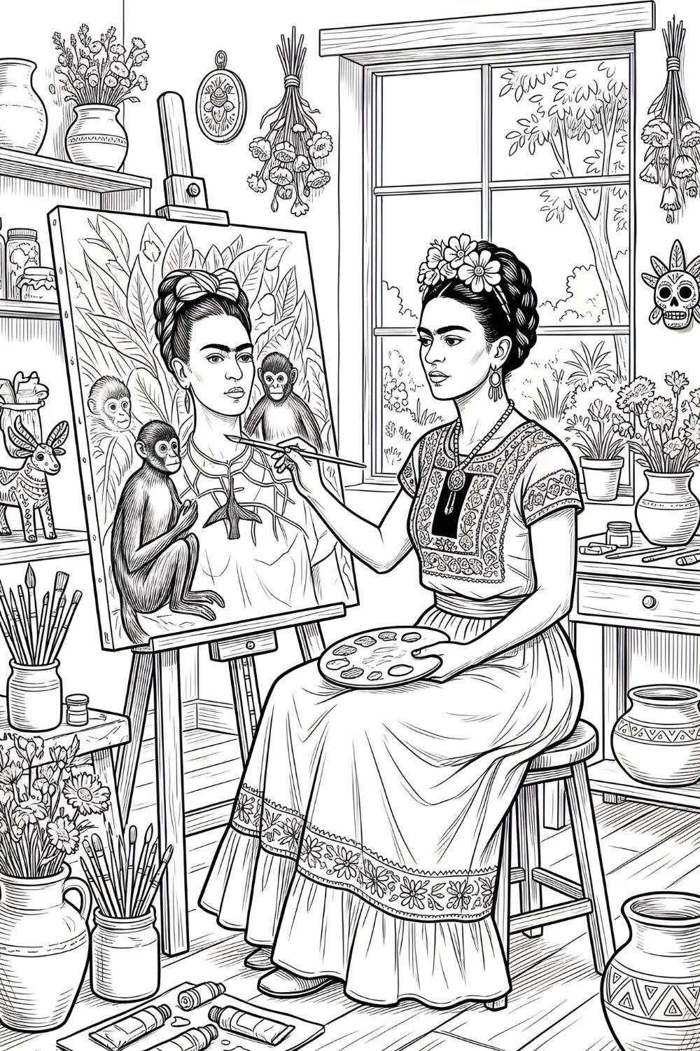 Frida Kahlo Coloring Page – Download the Mexican Artist Painting Scene