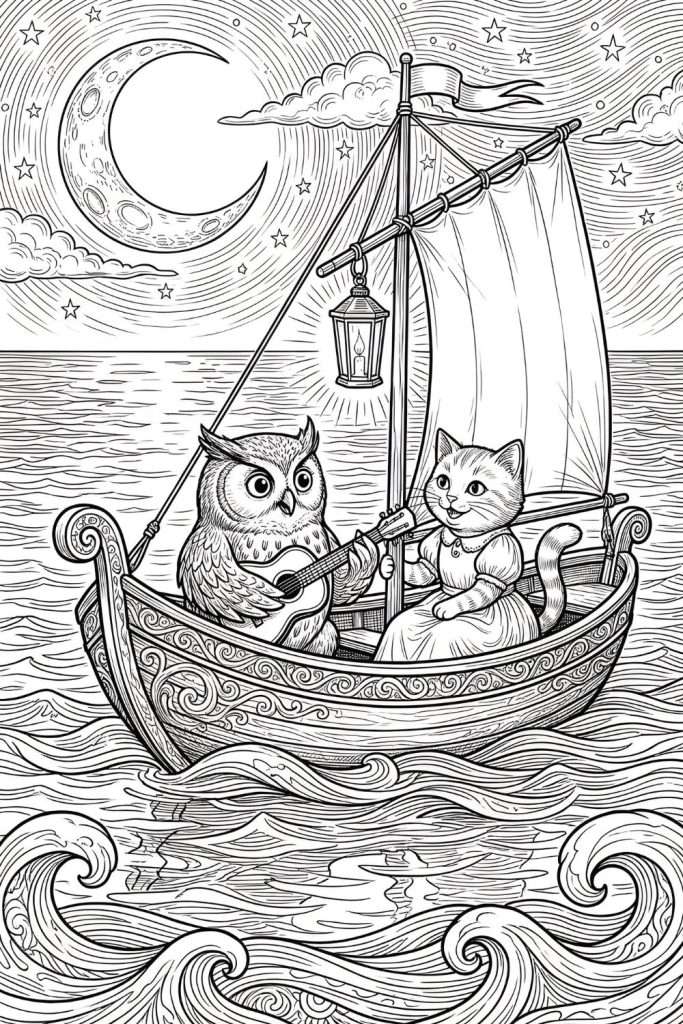 The Owl and the Pussycat Illustrated coloring page