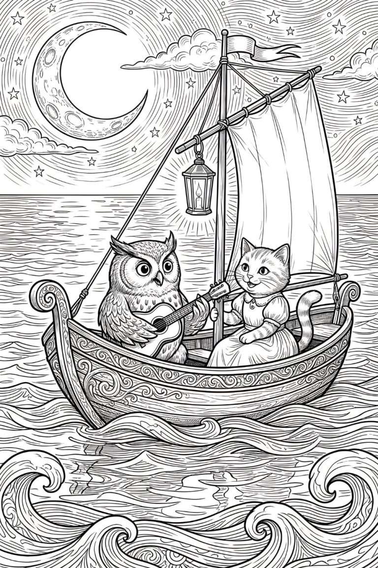 The Owl and the Pussycat Illustrated coloring page