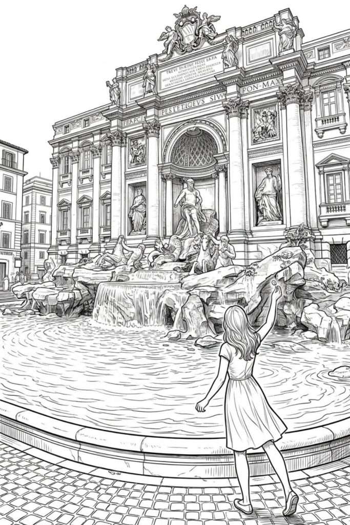 View of Rome's Trevi Fountain with woman throwing coin